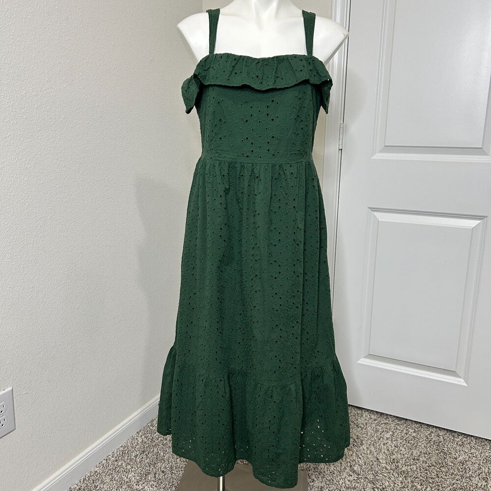 LOFT Eyelet Dress 8 Green Cotton Ruffle Square Neck Tiered Midi Cottagecore